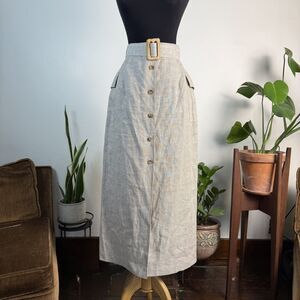 Vintage 100% Linen Oatmeal Neutral Belted Midi Maxi Skirt | Button Front, USA
